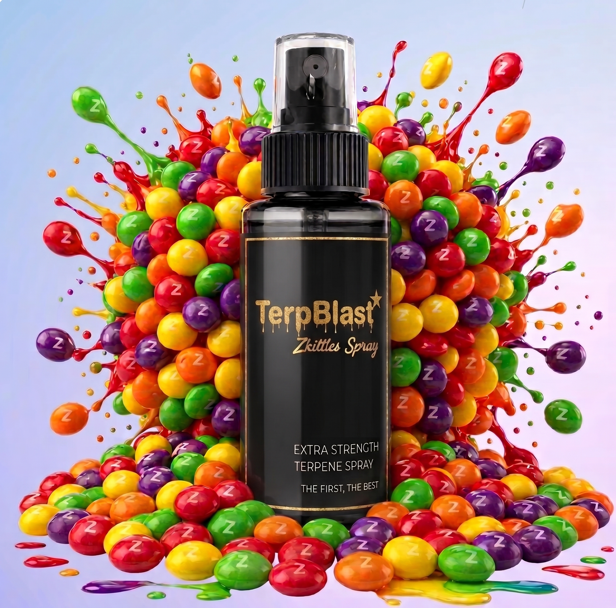 TERPBLAST Zkittles spray surrounded by colorful candy